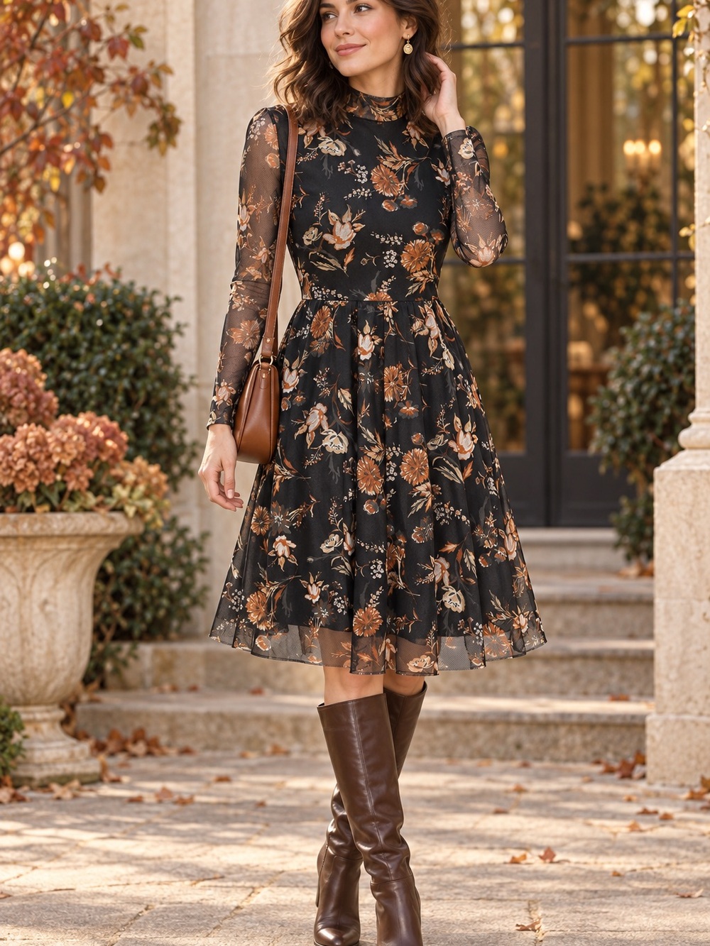 Altar’d State Floral Mesh Mock Neck Long Sleeve Dress Small Romantic Fall